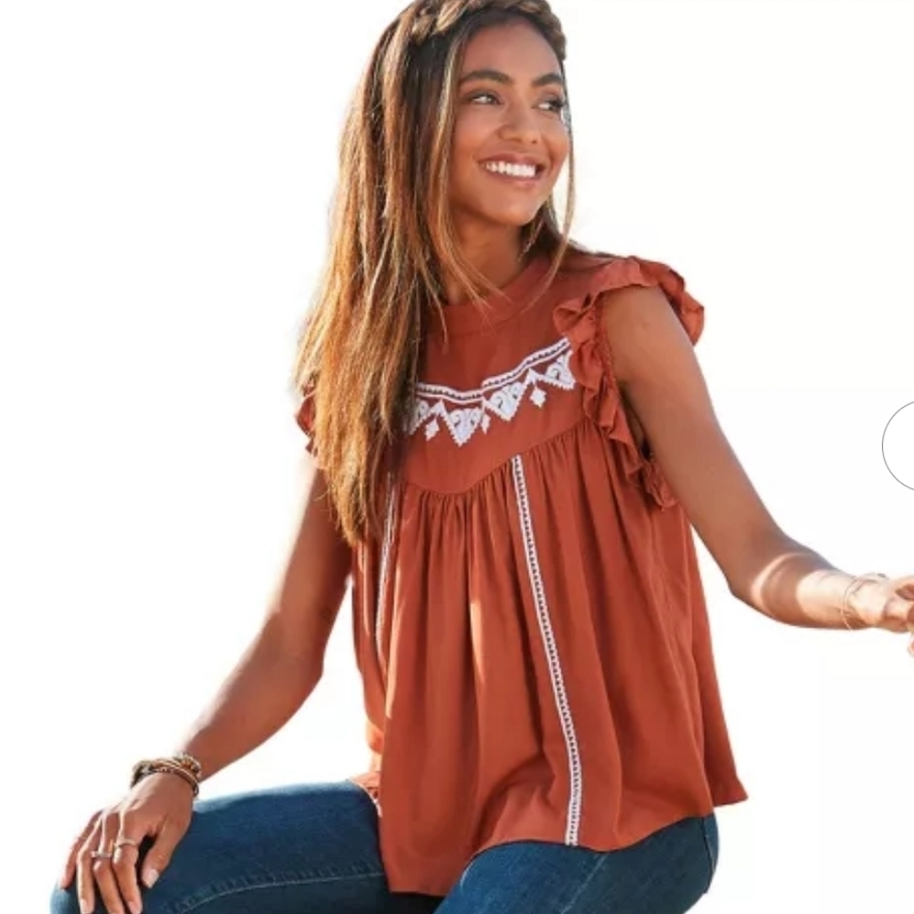 Women's Embroidered Blouse Shirt - LASCANA - Rust-White Solid Sz 8